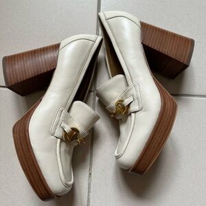 Cream Platform Leather Loafers with Gold Hardware